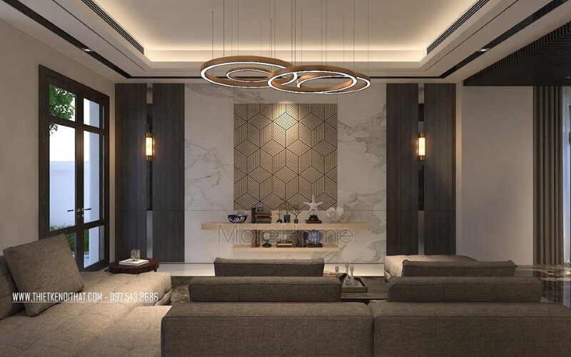 Sắp xếp phòng khách hiện đại ấn tượng với đá ốp tường cao cấp cùng họa tiết 3D độc đáo. thiết kế biệt thự