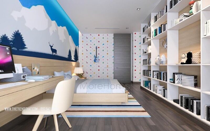 Kệ trang trí phòng ngủ con trai đẹp, sinh động với thiết kế tủ kệ trang trí nhiều ngăn giúp không gian trở nên thông thoáng, đẹp mắt. thiết kế biệt thự