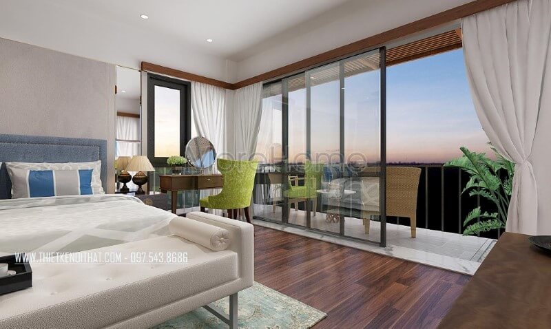 Trang trí nội thất phòng ngủ master hiện đại có ban công thông thoáng, đẹp mắt. thiết kế biệt thự