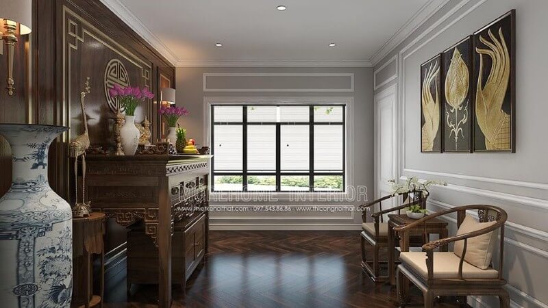 Thiết kế phòng thờ đẹp với cách bố trí cửa sổ lớn giúp không gian phòng thờ luôn được thông thoáng mà không phạm phong thủy. thiết kế biệt thự