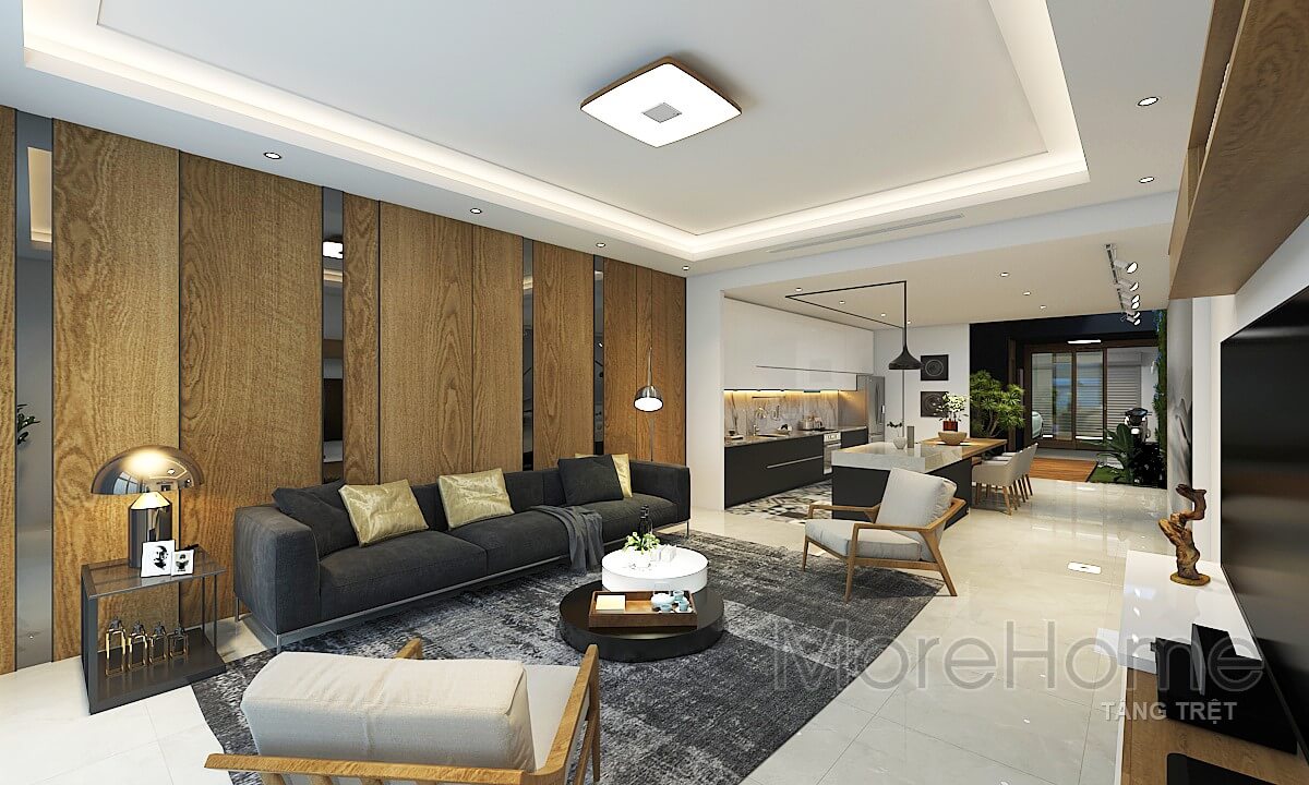 Thiết kế nội thất phòng khách với nội thất gỗ đephiện đại tại nhà phố VinCom Thiết kế biệt thự