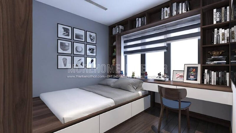 Bàn học liền kệ trang trí đẹp mắt giúp tận dụng tối đa không gian cho góc học tập của con. thiết kế biệt thự