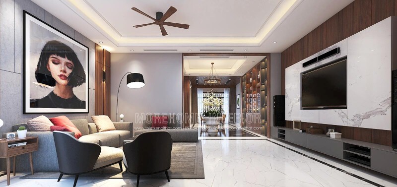 Bố trí nội thất phòng khách liền phòng ăn đẹp, sang trọng cho biệt thự, nhà phố tại Vinh, Nghệ An. Thiết kế biệt thự