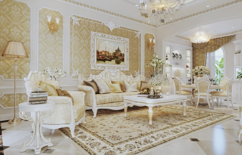 Trang trí nội thất phòng khách chung cư tân cổ điển được kiến trúc sư đầu tư tỉ mỉ về cả đường nét và màu sắc, thể hiện được đúng cái Thiết kế biệt thự