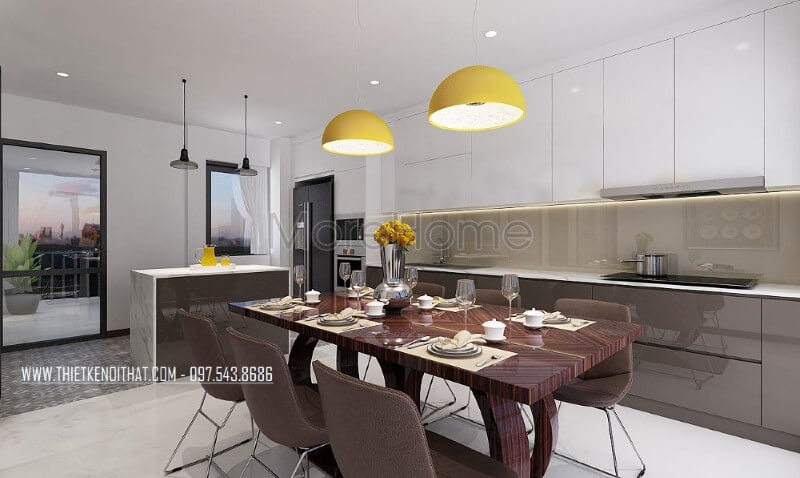 Phòng ăn hiện đại được thiết kế khá độc đáo với ý tưởng lồng ghép vào phòng bếp vừa tạo sự tiện nghi vừa đẹp,s ang trọng. Thiết kế biệt thự