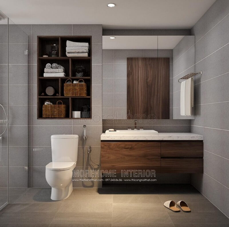 Kệ nhà tắm đơn giản nhưng gọn gàng đẹp mắt cho phòng tắm hiện đại.