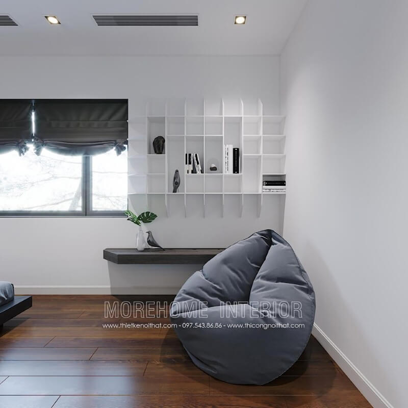 Kệ trang trí mở sơn trắng tạo nét đẹp độc đáo cho phòng ngủ hiện đại.