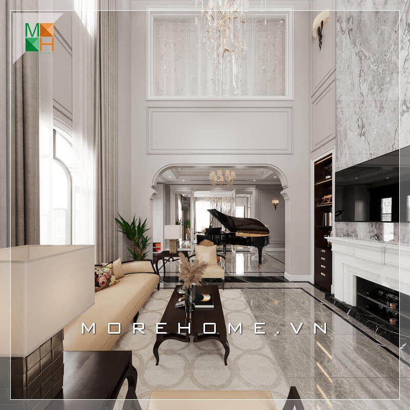 Morehome gợi ý cho bạn mẫu thiết kế nội thất không gian phòng khách tân cổ điển sang trọng, cao cấp cho biệt thự, nhà phố, penthouse , chung cư cao cấp. thiết kế biệt thự