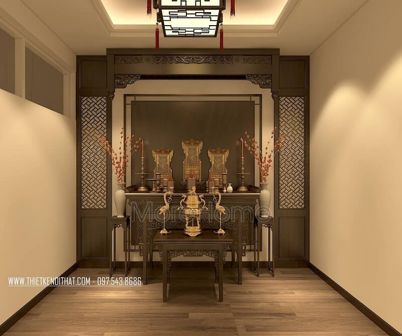 Mẫu thiết kế phòng thờ gỗ tự nhiên với đường nét điêu khắc tinh tế nghệ thuật được nhiều gia chủ yếu thích và hướng đến. thiết kế biệt thự