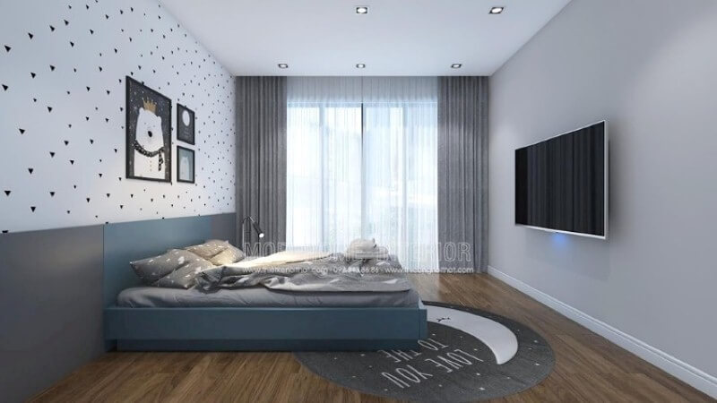 Ý tưởng thiết kế phòng bé đơn giản với cửa lớn cùng rèm 2 lớp giúp phòng bé luôn tràn trề sinh khí nhưng vẫn giảm thiểu tối đa sức nóng ngày hè oi ả. thiết kế biệt thự