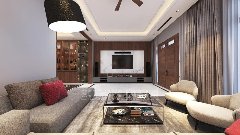 Trang trí tường phòng khách đẹp với điểm nhấn từ đá trắng vân mây kết hợp cùng gỗ ốp tường cao cấp. thiết kế biệt thự