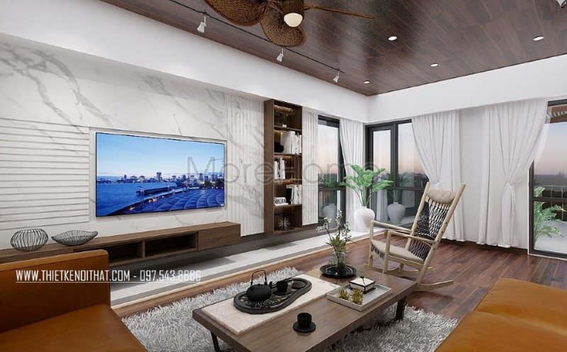 Bố trí nội thất phòng khách đẹp cho biệt thự, nhà phố với đá ốp tường vân mấy trang trí đẹp mắt, sang trọng. thiết kế biệt thự