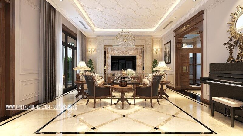 Mẫu bàn ghế sofa đơn gỗ óc chó đẹp cho phòng khách biệt thự Vinhomes Greenbay thiết kế biệt thự