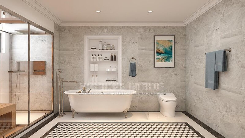 Bồn tắm độc lập Vitoria Hafele cao cấp kết hợp cùng cách trang trí khoa học, thẩm mỹ từ đá ốp tường, gạch lát nền giả cổ, vách tắm kính đã tạo nên không gian phòng tắm đẹp, sang trọng, độc đáo. thiết kế biệt thự