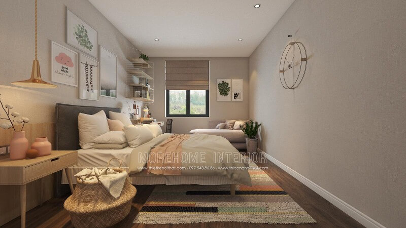 Bố trí nội thất phòng ngủ nữ tính với lối trang trí nhẹ nhàng pha chút sắc hồng lãng mạn từ tranh treo tường đáng yêu và lọ hoa sinh động. thiết kế biệt thự