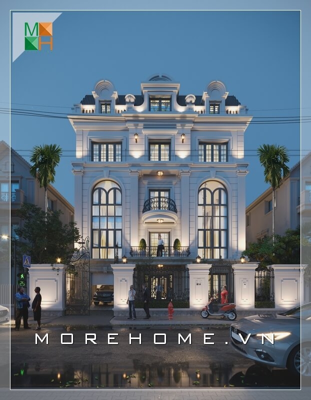 Mẫu thiết kế biệt thự tân cổ điển màu trắng sang trọng và đẳng cắp với những đường nét điêu khắc cuốn hút. thiết kế biệt thự
