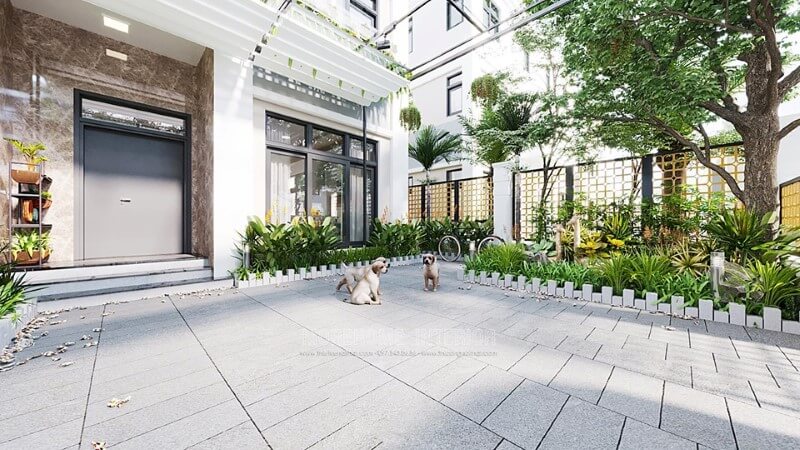 Thiết kế khoảng sân vườn tại biệt thự Starlake Tây Hồ tạo nên không gian thư giãn tuyệt vời với cách bố trí cây xanh xung quanh nhà thiết kế biệt thự