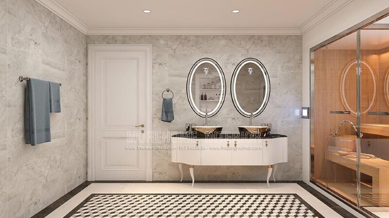Bố trí phòng tắm ấn tượng với gương đèn led hắt sáng hình elip cao cấp. thiết kế biệt thự