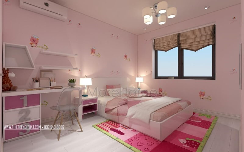 Sắc hồng đẹp, đáng yêu từ giấy, thảm trải, tường, tab đầu giường, bàn học cho phòng ngủ con gái. thiết kế biệt thự
