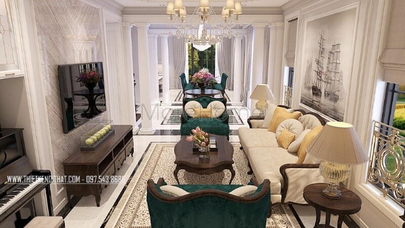 Thiết kế nội thất phòng khách biệt thự cao cấp phong cách tân cổ điển ấn tượng bởi các đường nét sắc nét và chi tiết tỉ mỉ, tinh tế thiết kế biệt thự