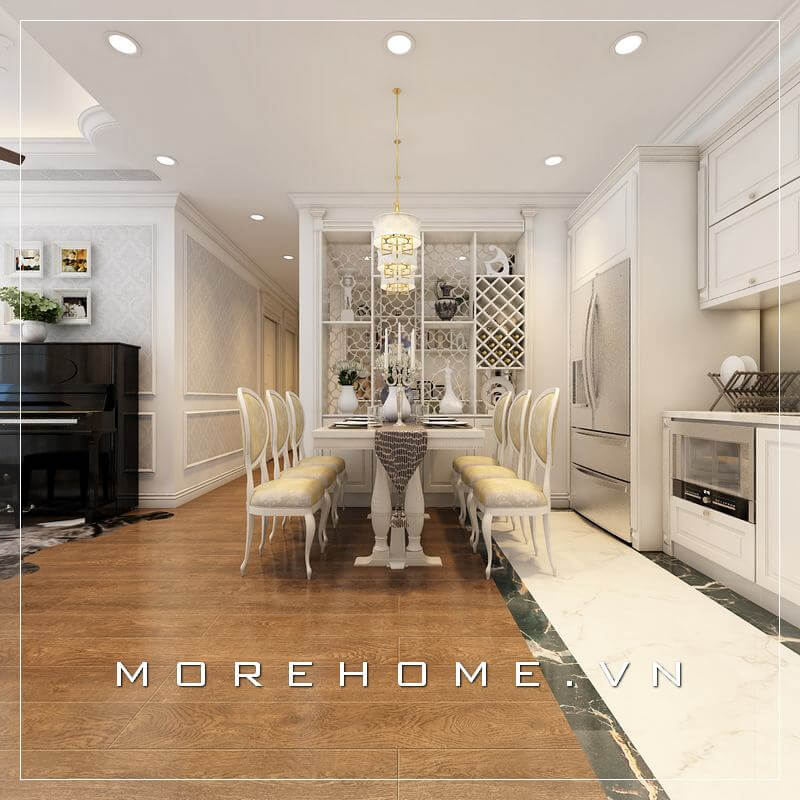 Thiết kế nội thất phòng ăn biệt thự cao cấp, sử dụng tone màu trắng chủ đạo tạo không gian sáng và sang trọng hơn Thiết kế biệt thự