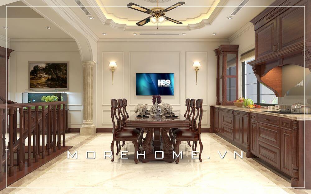 Thiết kế nội thất phòng bếp biệt thự gỗ tự nhiên cao cấp tạo cảm giác ấm cúng, sang trọng và tiện nghi Thiết kế biệt thự