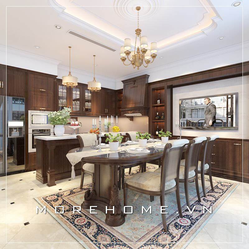 Thiết kế nội thất phòng bếp gỗ tự nhiên cao cấp, sang trọng cho phòng bếp biệt thự Thiết kế biệt thự