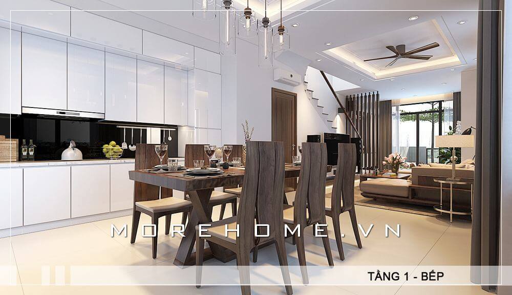 Thiết kế nội thất phòng bếp gỗ công nghiệp hiện đại, sử dụng nội thất chủ yếu tone màu trắng tạo nên không gian tinh tế, sạch sẻ và tiện nghi cho người nội trợ Thiết kế biệt thự