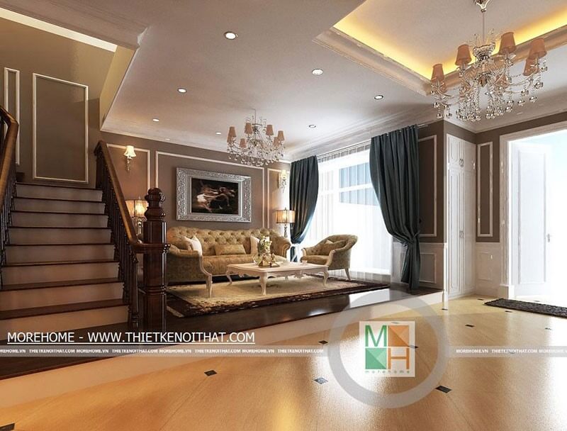 Thiết kế nội thất phòng khách với những chi tiết từ tranh ảnh, đèn tạo nét tân cổ điển ấn tượng, sang trọng hơn cho căn phòng Thiết kế biệt thự