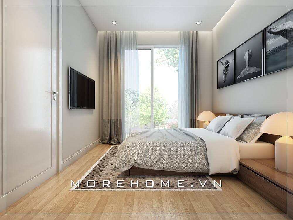 Thiết kế phòng ngủ biệt thự hiện đại, phần cửa kính hướng ra sân vườn được làm với kích thước lớn giúp cho căn phòng thêm thông thoáng, tràn ngập ánh sáng tự nhiên Thiết kế biệt thự