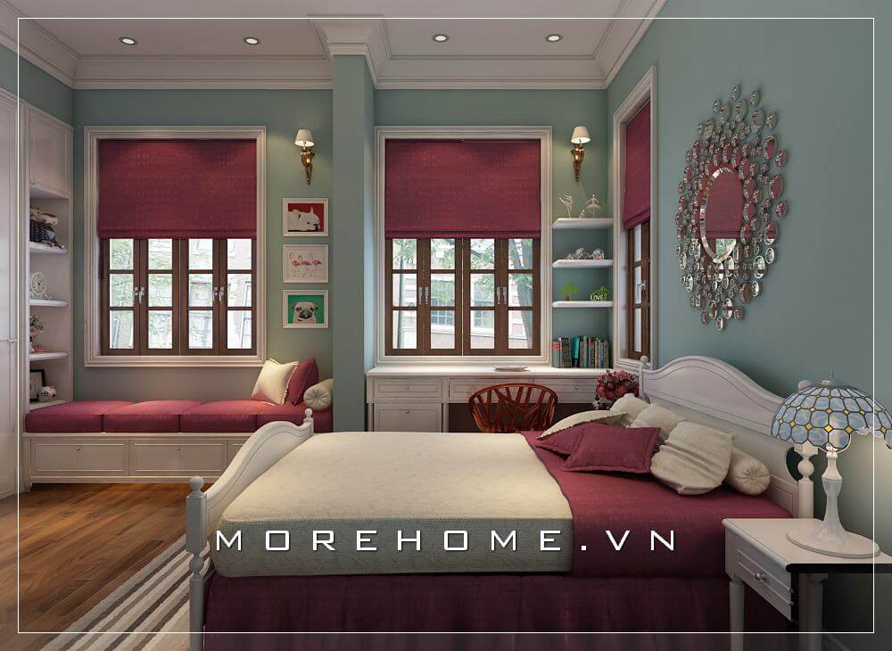 Mẫu thiết kế nội thất phòng ngủ con biệt thự ấn tượng với giường ngủ màu trắng tân cổ điển Thiết kế biệt thự