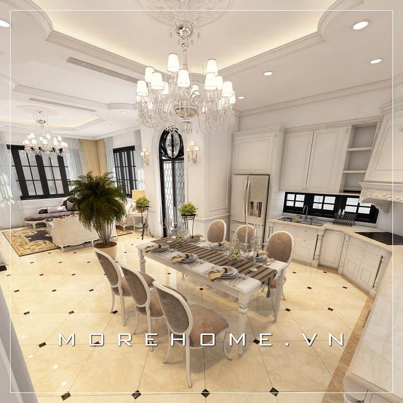 Không gian phòng bếp biệt thự sử dụng tone màu trắng sang trọng kết hợp nội thất gỗ tự nhiên mang đến không gian đẳng cấp và tinh tế Thiết kế biệt thự