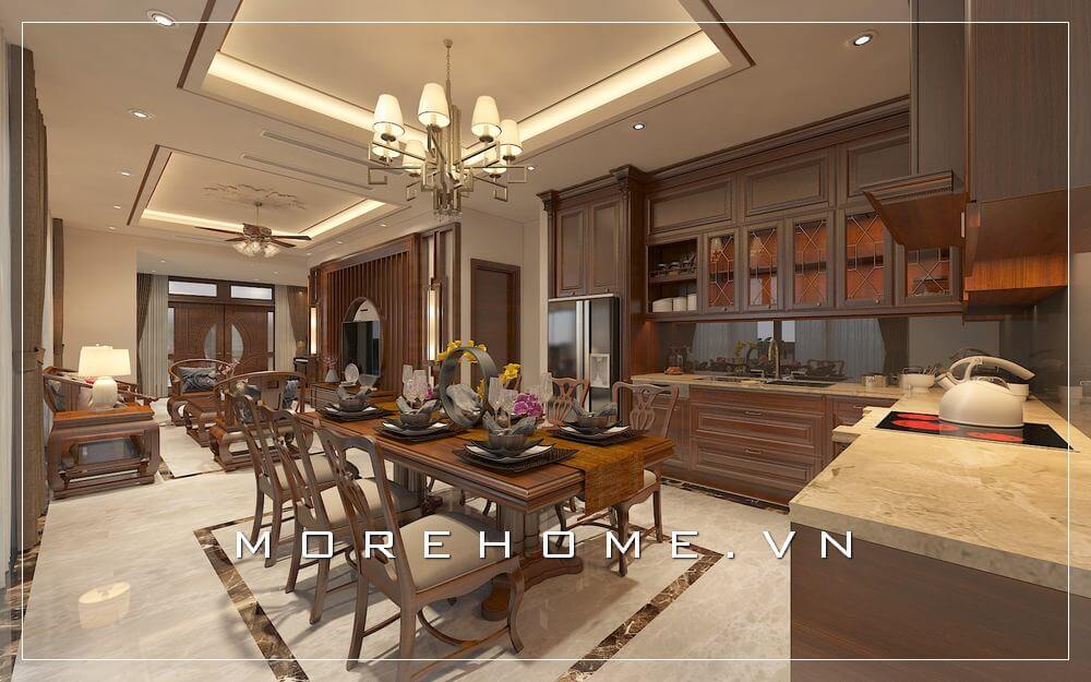 Thiết kế nội thất phòng bếp biệt thự gỗ tự nhiên cao cấp với tone màu nâu trầm tạo cảm giác ấm cúng và sang trọng Thiết kế biệt thự