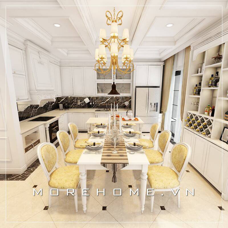 Thiết kế nội thất phòng bếp biệt thự tân cổ điển cao cấp sử dụng tone màu trắng chủ đạo tạo cảm giác sang trọng, tinh tế và đẳng cấp cho ngôi nhà Thiết kế biệt thự