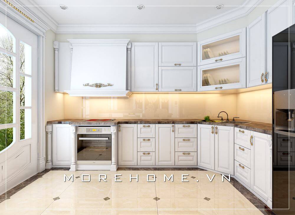 Thiết kế phòng bếp biệt thự tân cổ điến sang trọng kết hợp nội thất bếp hiện đại tạo không gian nấu nướng rộng và thoáng mát hơn Thiết kế biệt thự