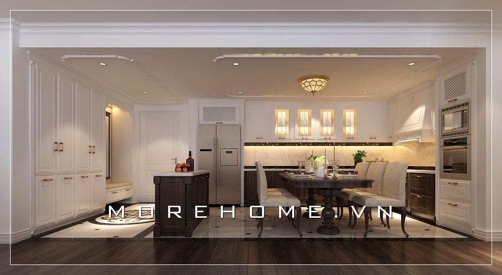 Thiết kế nội thất phòng ăn liền bếp tân cổ điển sang trọng cho nhà biệt thự Thiết kế biệt thự