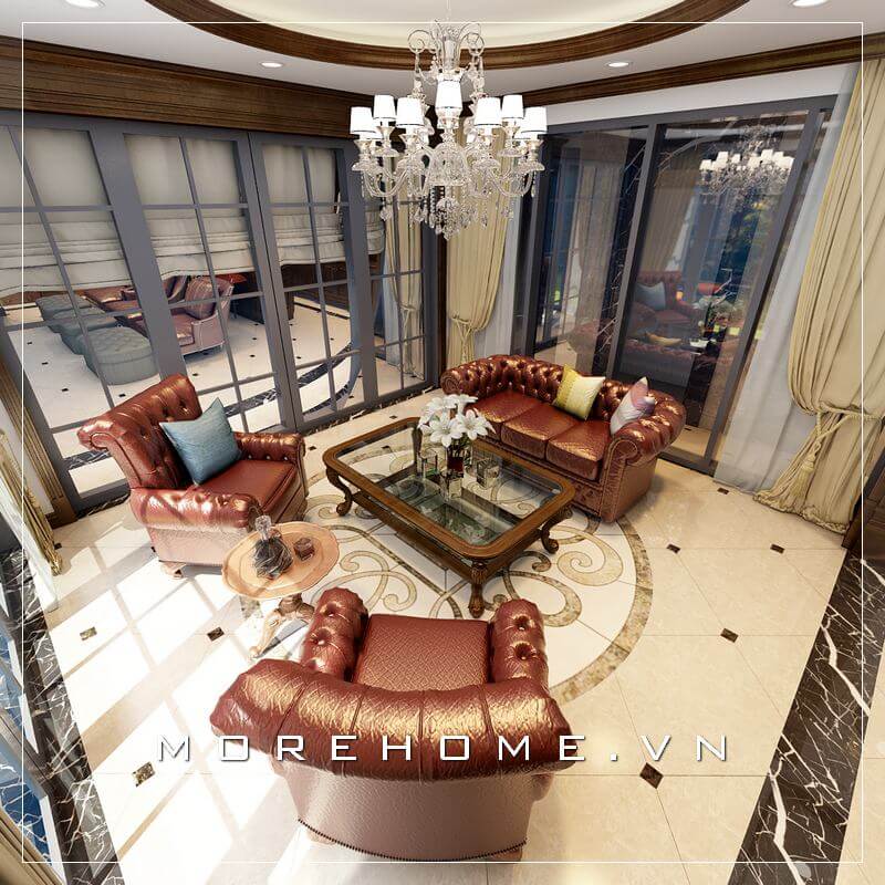 Thiết kế phòng khách phong cách tân cổ điển sang trọng, sử dụng tone nâu mang đến cảm giác ấm cúng, sang trọng và cao cấp Thiết kế biệt thự