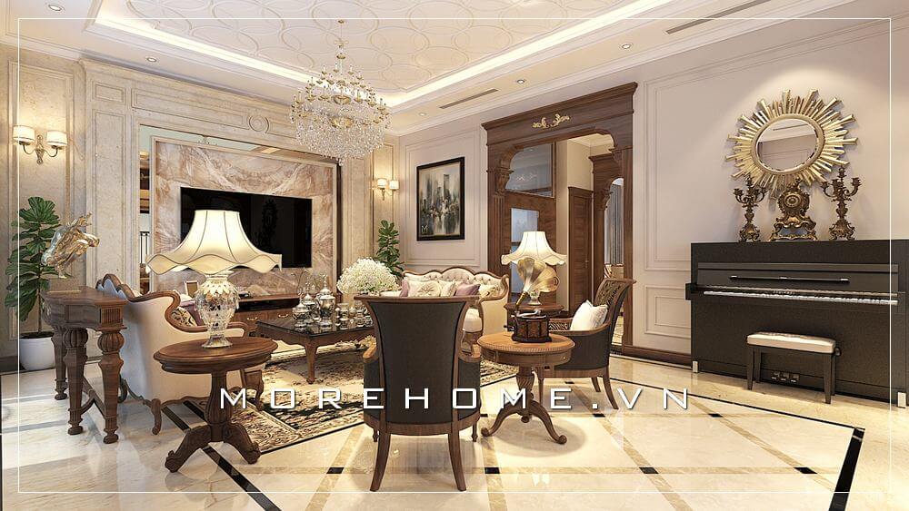 Thiết kế không gian phòng khách biệt thự sang trọng có piano với nội thất tân cổ điển thể hiện cá tính và đẳng cấp của gia chủ Thiết kế biệt thự