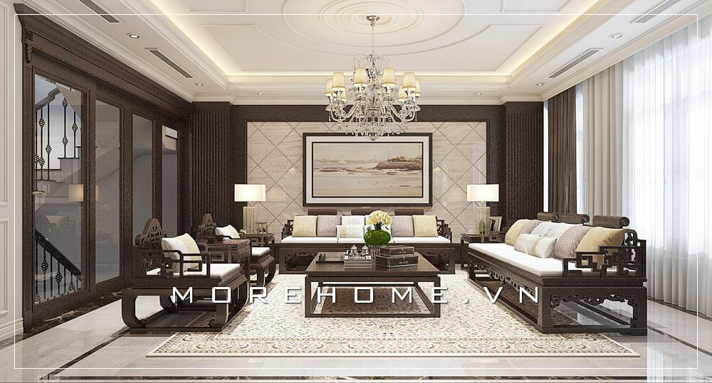 Thiết kế phòng tiếp khách sang trọng cho nhà phố cao cấp phong cách gỗ việt hiện đại thể hiện đẳng cấp cho gia chủ Thiết kế biệt thự