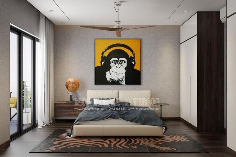 Tranh con vật ngộ nghĩnh tạo điểm nhấn ấn tượng cho phòng ngủ hiện đại. Thiết kế biệt thự