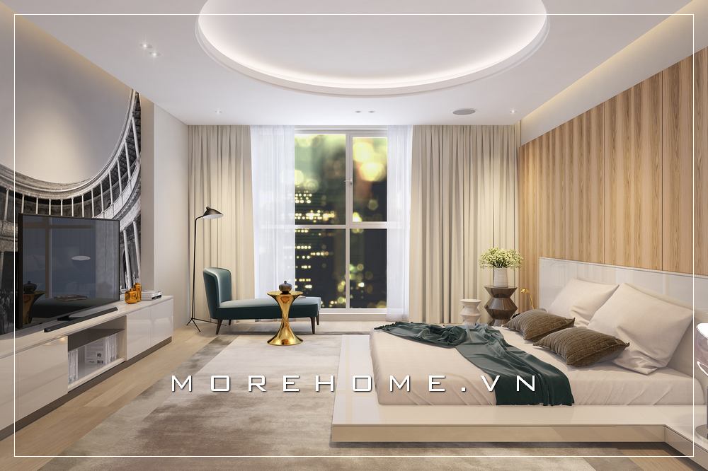 Phòng ngủ chung cư được thiết kế với tone màu ấm cúng, những vật dụng nội thất được thiết kế với đèn nét đơn giản sang trọng, những điểm nhấn nối bật được KTS đưa vào những đồ dùng trang trí như tranh và bình hoa Thiết kế biệt thự