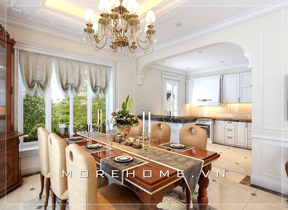 Thiết kế nội thất phòng ăn gỗ tự nhiên theo phong cách tân cổ điển tinh tế và sang trọng Thiết kế biệt thự
