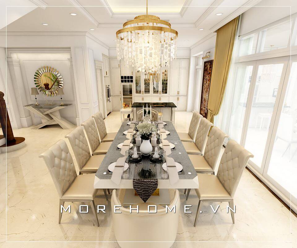 Thiết kế nội thất phòng ăn biệt thự hiện đại sử dụng tone màu trắng tinh tế tạo không gian tiện nghi và sang trọng Thiết kế biệt thự