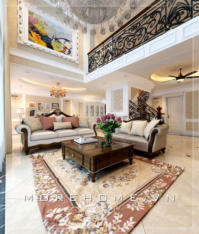 Trang trí không gian tân cổ điển đẹp với gỗ óc chó tự nhiên dành cho phòng khách biệt thự sang trọng và đẳng cấp Thiết kế biệt thự