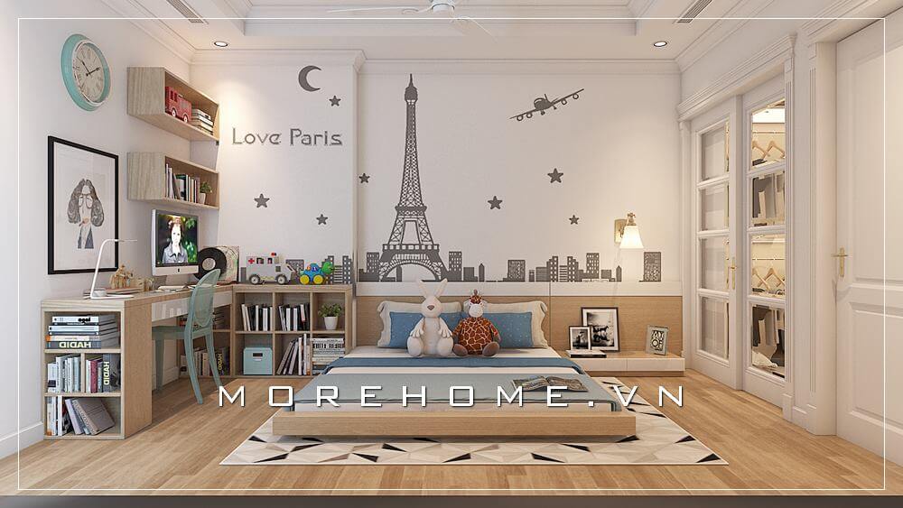 Mẫu thiết kế phòng ngủ bé trai hiện đại và tiện nghi với nội thất gỗ công nghiệp cao cấp và cách tạo các hình khối hình họa về nước pháp đẹp từ giấy dán tường ấn tượng cho phòng của con Thiết kế biệt thự