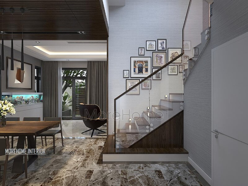 Cầu thang kính mặt bậc gỗ hiện đại đẹp tại biệt thự Xuân Phương. Thiết kế nội ngoại thất biệt thự Hà Nội