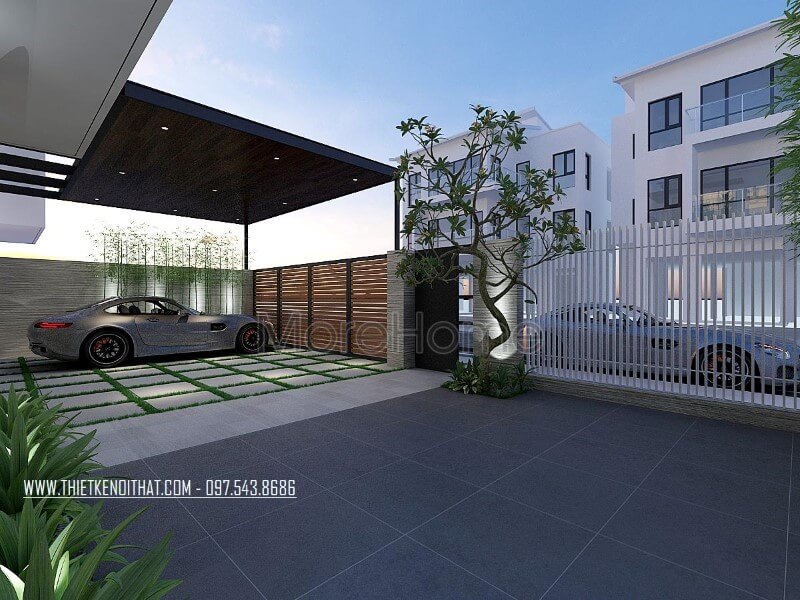 Thiết kế không gian sân vườn có chỗ để ô tô tại biệt thự Xuân Phương Hà Nội. Thiết kế nội ngoại thất biệt thự Hà Nội