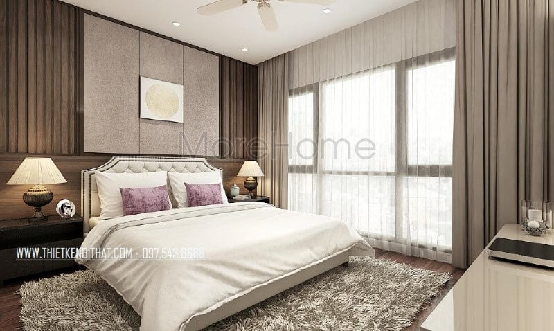 Phòng ngủ vợ chồng hiện đại, đẹp, sang trọng, thông thoáng với hệ cửa kính lớn luôn đón nắng nhưng cũng giúp ngăn nóng kịp thời với rèm 2 lớp. Thiết kế nội ngoại thất biệt thự Hà Nội