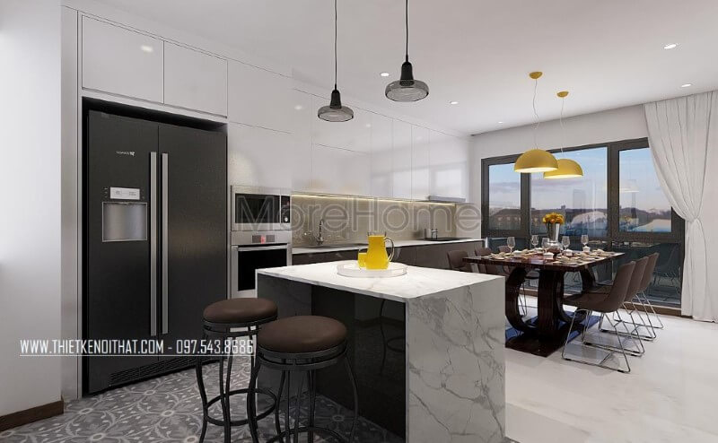 Phòng bếp lồng phòng ăn tạo nên sự thông thoáng, tiện nghi nhưng đẹp, sang trọng tại biệt thự hiện đại Xuân Phương. Thiết kế nội ngoại thất biệt thự Hà Nội