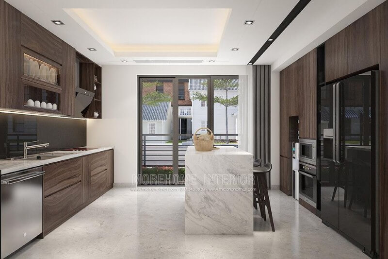 Trang trí phòng bếp hiện đại ấn tượng với nội thất gỗ công nghiệp An Cường cao cấp. thiết kế biệt thự